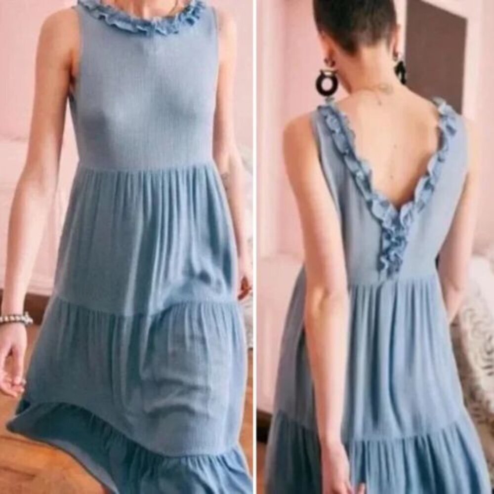 Sezane Blue Josia Silk Ruffle Dress Size 38 - 36103